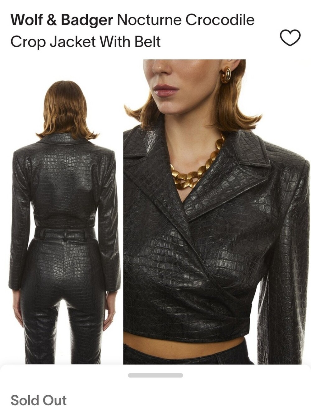 Wolf & Badger Nocturne Crocodile-Embossed Black Leather Crop Jacket with Belt